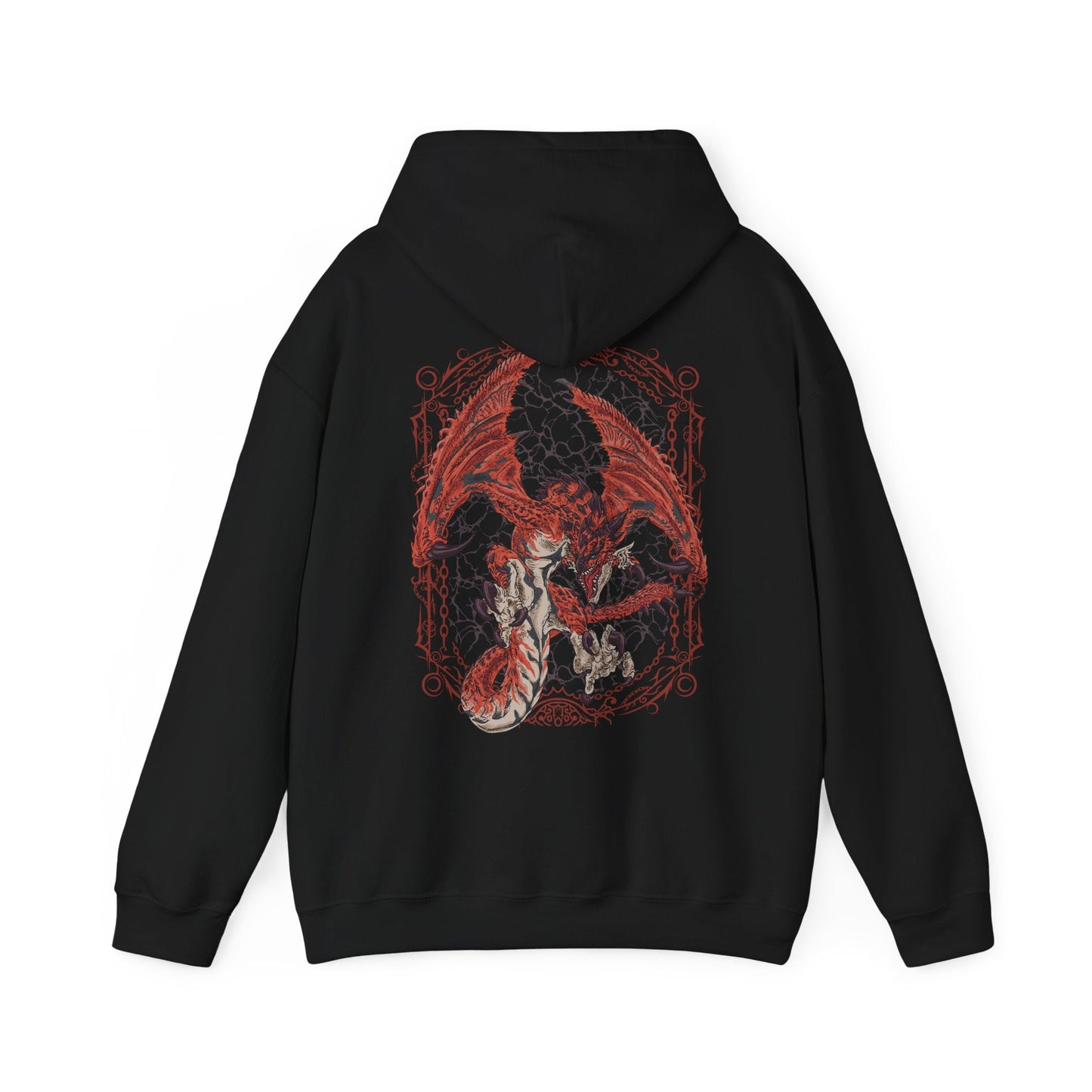 Image 5 of a Hooded Sweatshirt of Rathalos perched atop a rocky outcrop, wings partially unfurled as smoke and fire drift across a scorched battlefield. Its piercing gaze and armored scales radiate authority and danger, symbolizing its title as the King of the Skies. The composition emphasizes dominance, elemental fury, and the primal challenge faced by every hunter.