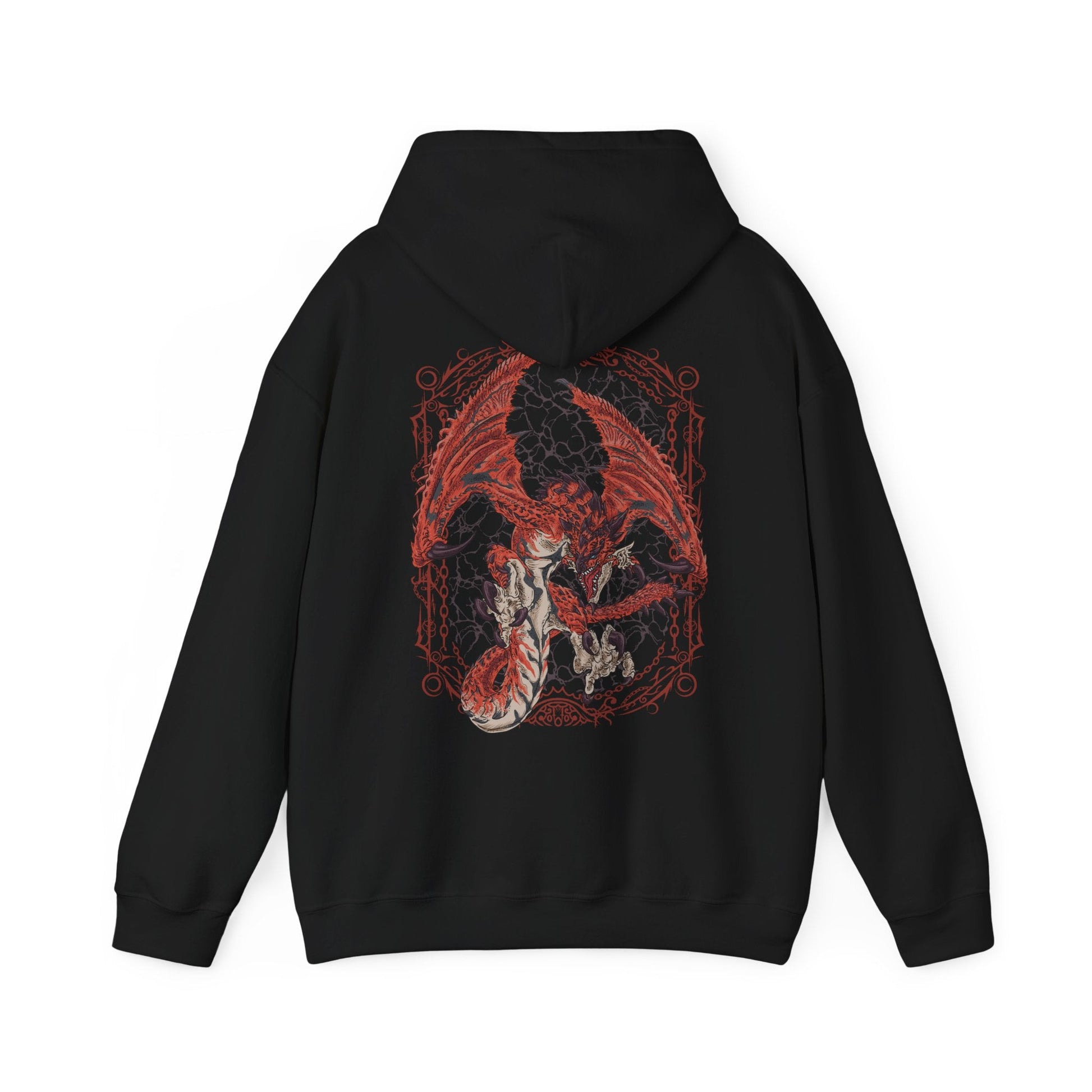 Image 5 of a Hooded Sweatshirt of Rathalos perched atop a rocky outcrop, wings partially unfurled as smoke and fire drift across a scorched battlefield. Its piercing gaze and armored scales radiate authority and danger, symbolizing its title as the King of the Skies. The composition emphasizes dominance, elemental fury, and the primal challenge faced by every hunter.