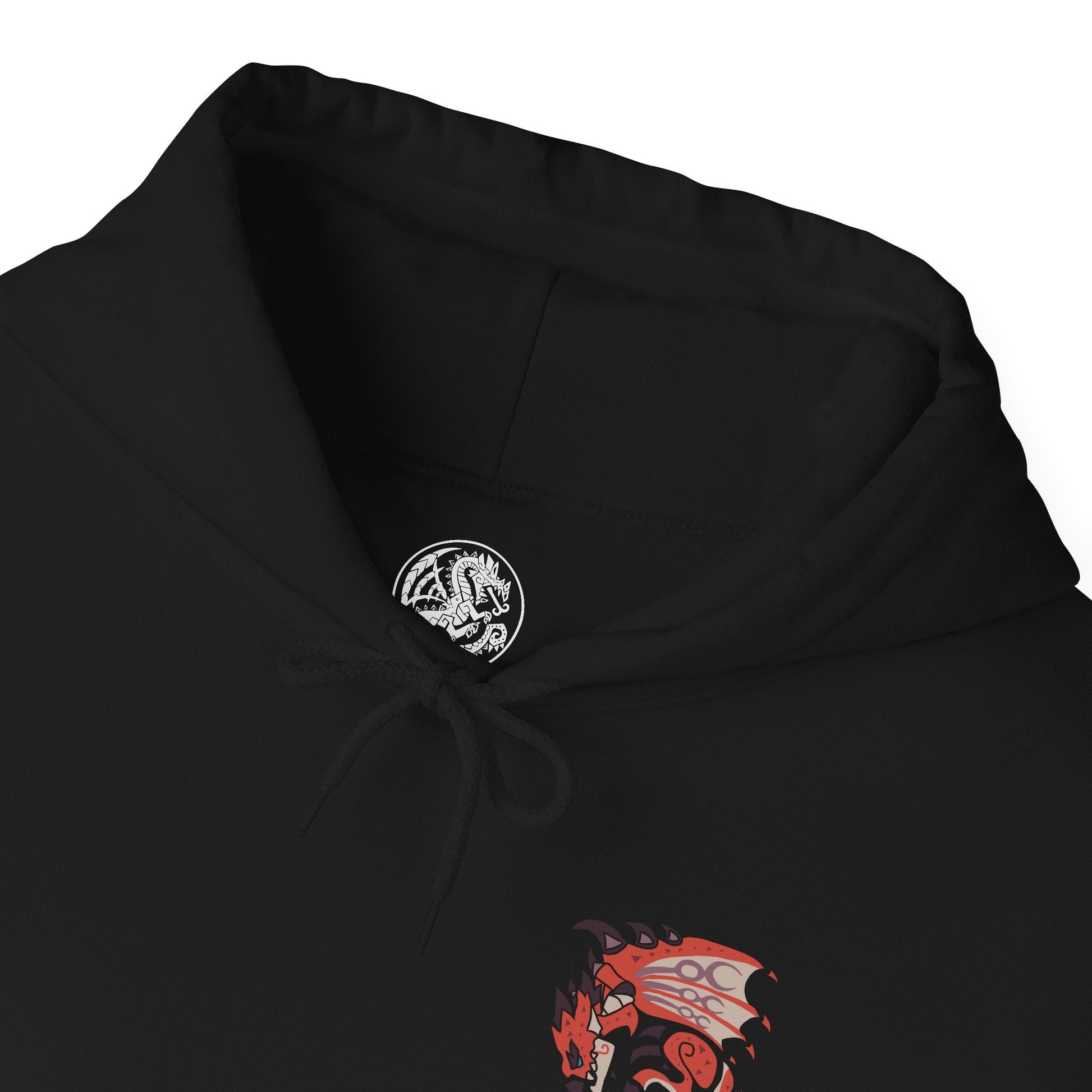 Folded Hooded Sweatshirt of Rathalos perched atop a rocky outcrop, wings partially unfurled as smoke and fire drift across a scorched battlefield. Its piercing gaze and armored scales radiate authority and danger, symbolizing its title as the King of the Skies. The composition emphasizes dominance, elemental fury, and the primal challenge faced by every hunter.