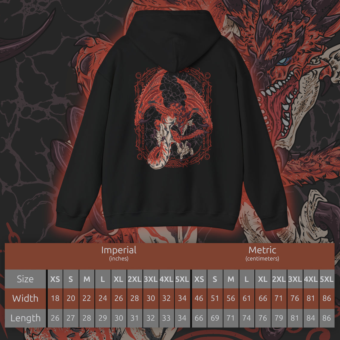 Size chart of a Hooded Sweatshirt of Rathalos perched atop a rocky outcrop, wings partially unfurled as smoke and fire drift across a scorched battlefield. Its piercing gaze and armored scales radiate authority and danger, symbolizing its title as the King of the Skies. The composition emphasizes dominance, elemental fury, and the primal challenge faced by every hunter.