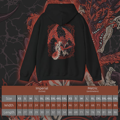 Size chart of a Hooded Sweatshirt of Rathalos perched atop a rocky outcrop, wings partially unfurled as smoke and fire drift across a scorched battlefield. Its piercing gaze and armored scales radiate authority and danger, symbolizing its title as the King of the Skies. The composition emphasizes dominance, elemental fury, and the primal challenge faced by every hunter.