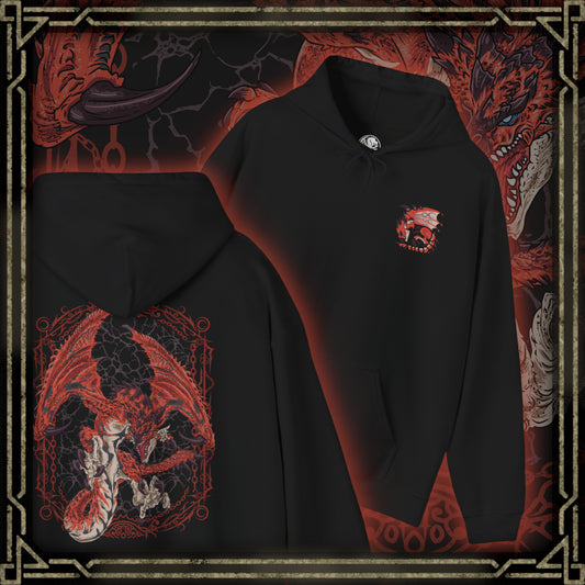 Thumbnail of a Hooded Sweatshirt of Rathalos perched atop a rocky outcrop, wings partially unfurled as smoke and fire drift across a scorched battlefield. Its piercing gaze and armored scales radiate authority and danger, symbolizing its title as the King of the Skies. The composition emphasizes dominance, elemental fury, and the primal challenge faced by every hunter.