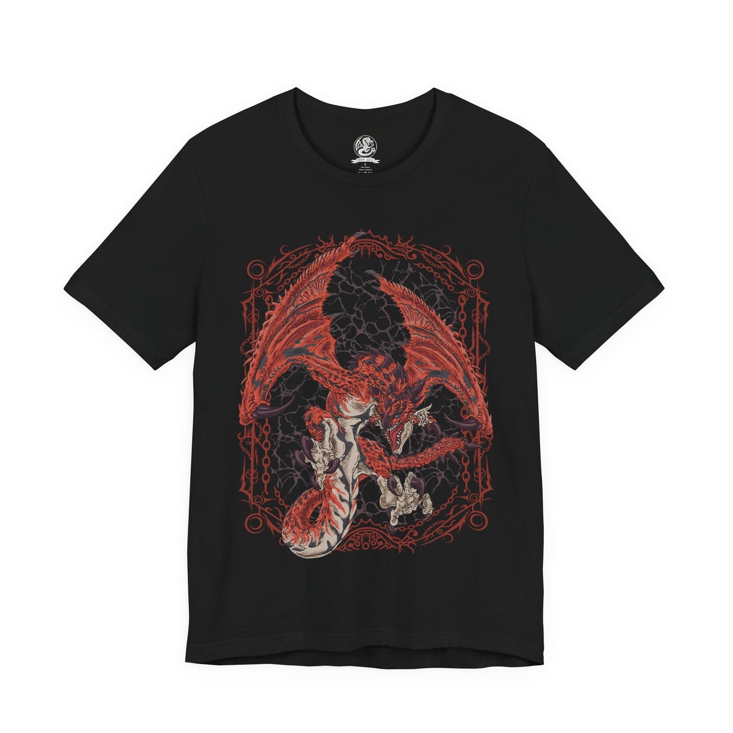 Image 4 of a T-shirt design of Rathalos from Monster Hunter, the King of the Skies, soaring above a volcanic landscape with wings spread wide. Flames erupt from its jaws as molten rock and ash rise from below, while its crimson scales gleam in the firelight. The design captures Rathalos’ dominance over the ecosystem, embodying aerial supremacy, raw power, and the relentless hunt.