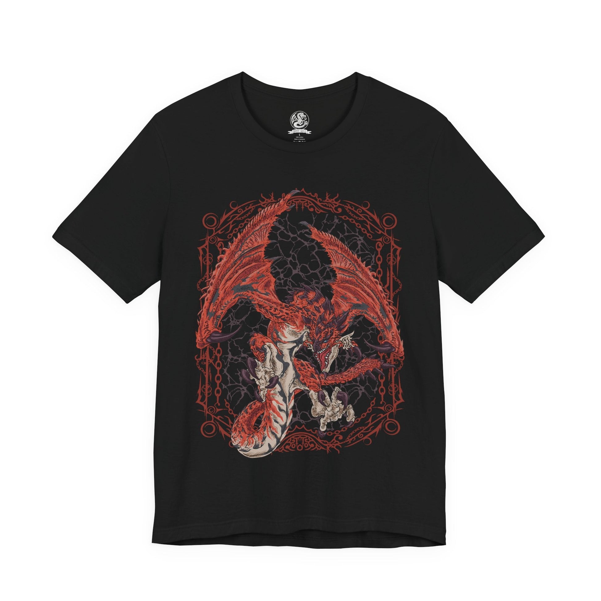 Image 4 of a T-shirt design of Rathalos from Monster Hunter, the King of the Skies, soaring above a volcanic landscape with wings spread wide. Flames erupt from its jaws as molten rock and ash rise from below, while its crimson scales gleam in the firelight. The design captures Rathalos’ dominance over the ecosystem, embodying aerial supremacy, raw power, and the relentless hunt.