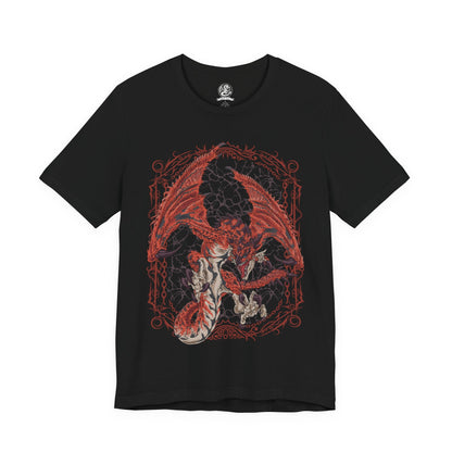 Image 4 of a T-shirt design of Rathalos from Monster Hunter, the King of the Skies, soaring above a volcanic landscape with wings spread wide. Flames erupt from its jaws as molten rock and ash rise from below, while its crimson scales gleam in the firelight. The design captures Rathalos’ dominance over the ecosystem, embodying aerial supremacy, raw power, and the relentless hunt.
