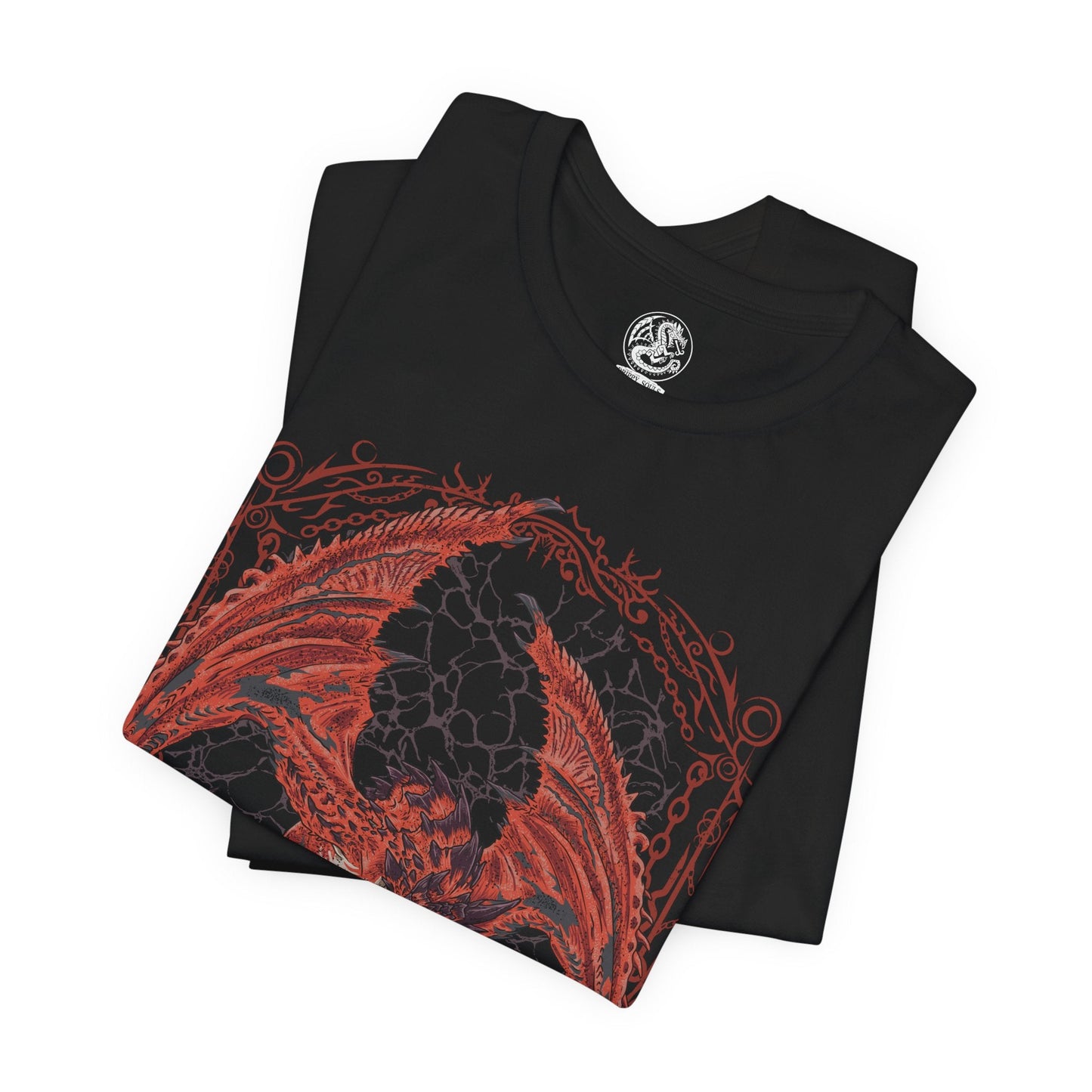 Image 5 of a T-shirt design of Rathalos from Monster Hunter, the King of the Skies, soaring above a volcanic landscape with wings spread wide. Flames erupt from its jaws as molten rock and ash rise from below, while its crimson scales gleam in the firelight. The design captures Rathalos’ dominance over the ecosystem, embodying aerial supremacy, raw power, and the relentless hunt.