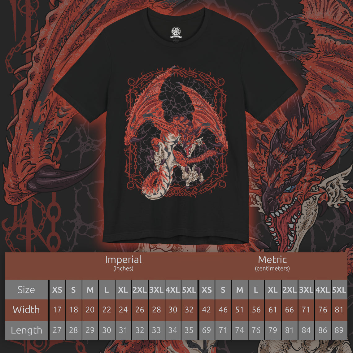 Size chart of a T-shirt design of Rathalos from Monster Hunter, the King of the Skies, soaring above a volcanic landscape with wings spread wide. Flames erupt from its jaws as molten rock and ash rise from below, while its crimson scales gleam in the firelight. The design captures Rathalos’ dominance over the ecosystem, embodying aerial supremacy, raw power, and the relentless hunt.