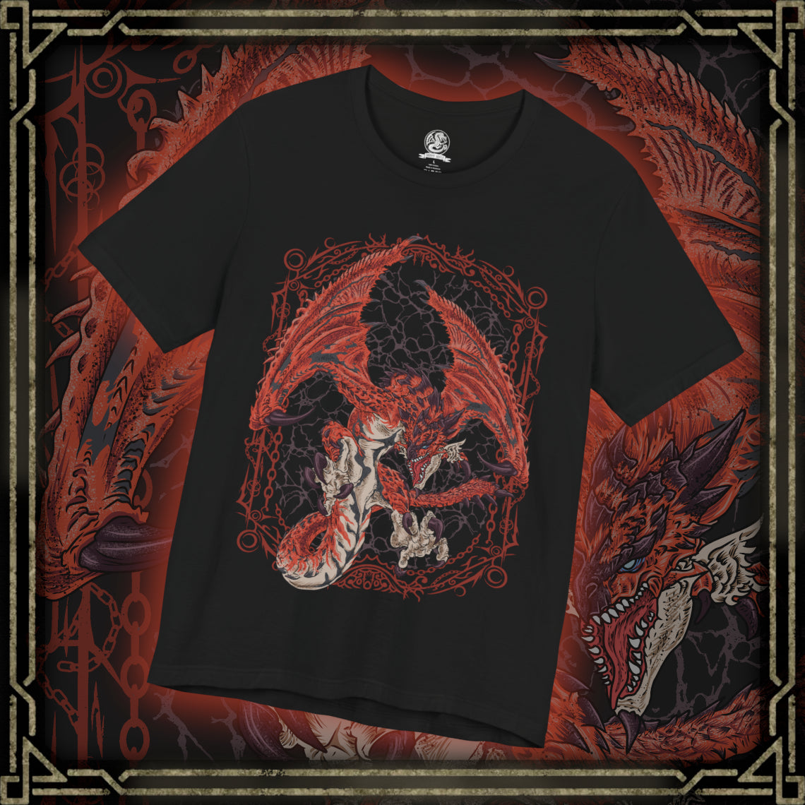 Thumbnail of a T-shirt design of Rathalos from Monster Hunter, the King of the Skies, soaring above a volcanic landscape with wings spread wide. Flames erupt from its jaws as molten rock and ash rise from below, while its crimson scales gleam in the firelight. The design captures Rathalos’ dominance over the ecosystem, embodying aerial supremacy, raw power, and the relentless hunt.