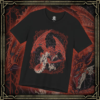 Thumbnail of a T-shirt design of Rathalos from Monster Hunter, the King of the Skies, soaring above a volcanic landscape with wings spread wide. Flames erupt from its jaws as molten rock and ash rise from below, while its crimson scales gleam in the firelight. The design captures Rathalos’ dominance over the ecosystem, embodying aerial supremacy, raw power, and the relentless hunt.