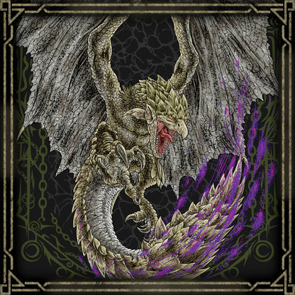 Concept Art of Rathian the Poisonous Queen. Rathian embodies the untamed ferocity of nature in the Monster Hunter universe. Closely related to Rathalos, she specializes in ground-based combat while using her wings to launch aerial assaults and devastating tail strikes. Her emerald scales, flaming breath, and venom-coated tail create a formidable combination, making the Queen of the Land a legendary challenge for hunters across generations.