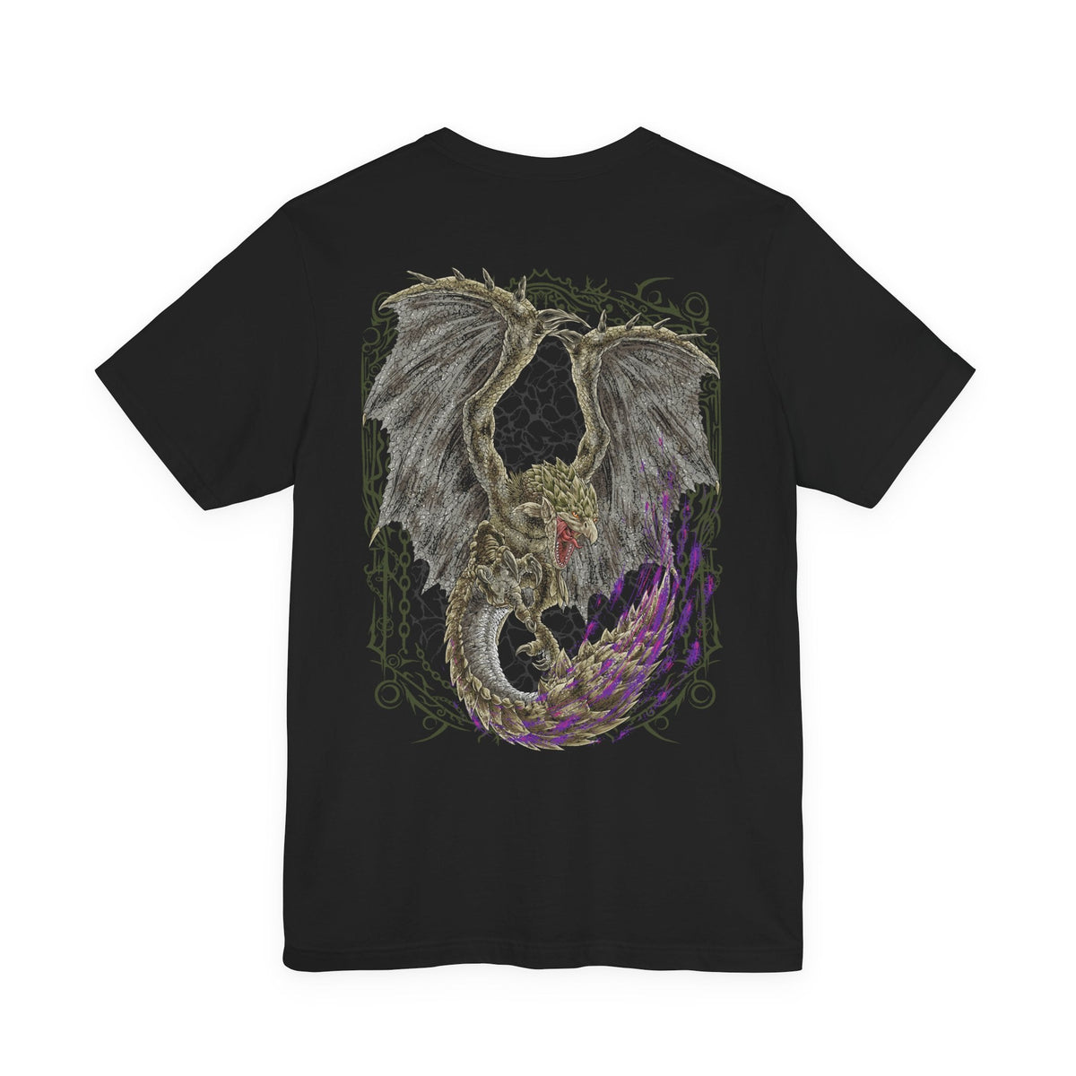 Image 5 of a t-Shirt artwork depicting Rathian charging across a rocky landscape, unleashing a stream of blazing fire while her spiked tail drips with potent venom. Dust and embers explode beneath her powerful claws as she prepares to strike. This design reflects the ferocity of the iconic female Flying Wyvern, showcasing her speed, poisonous attacks, and role as the formidable Queen of the Land.