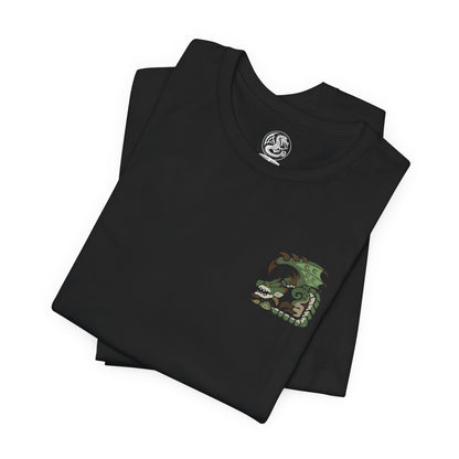 Image 6 of a t-Shirt artwork depicting Rathian charging across a rocky landscape, unleashing a stream of blazing fire while her spiked tail drips with potent venom. Dust and embers explode beneath her powerful claws as she prepares to strike. This design reflects the ferocity of the iconic female Flying Wyvern, showcasing her speed, poisonous attacks, and role as the formidable Queen of the Land.