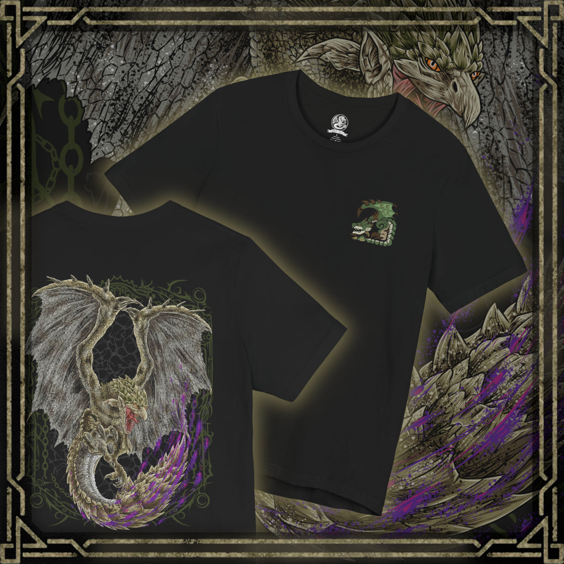 Thumbnail of a t-Shirt artwork depicting Rathian charging across a rocky landscape, unleashing a stream of blazing fire while her spiked tail drips with potent venom. Dust and embers explode beneath her powerful claws as she prepares to strike. This design reflects the ferocity of the iconic female Flying Wyvern, showcasing her speed, poisonous attacks, and role as the formidable Queen of the Land.