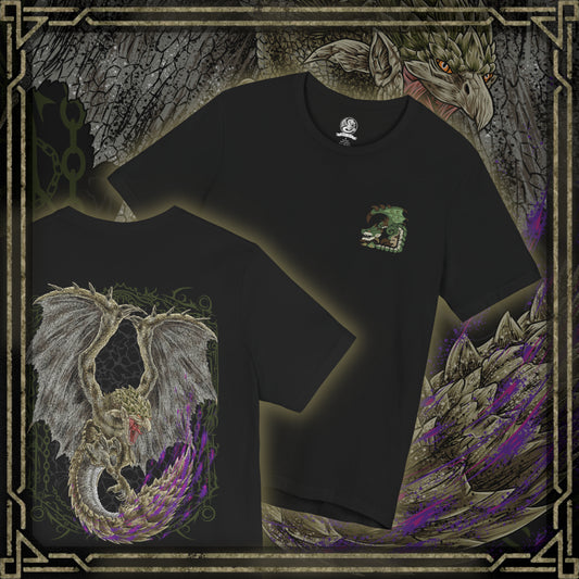 Thumbnail of a t-Shirt artwork depicting Rathian charging across a rocky landscape, unleashing a stream of blazing fire while her spiked tail drips with potent venom. Dust and embers explode beneath her powerful claws as she prepares to strike. This design reflects the ferocity of the iconic female Flying Wyvern, showcasing her speed, poisonous attacks, and role as the formidable Queen of the Land.