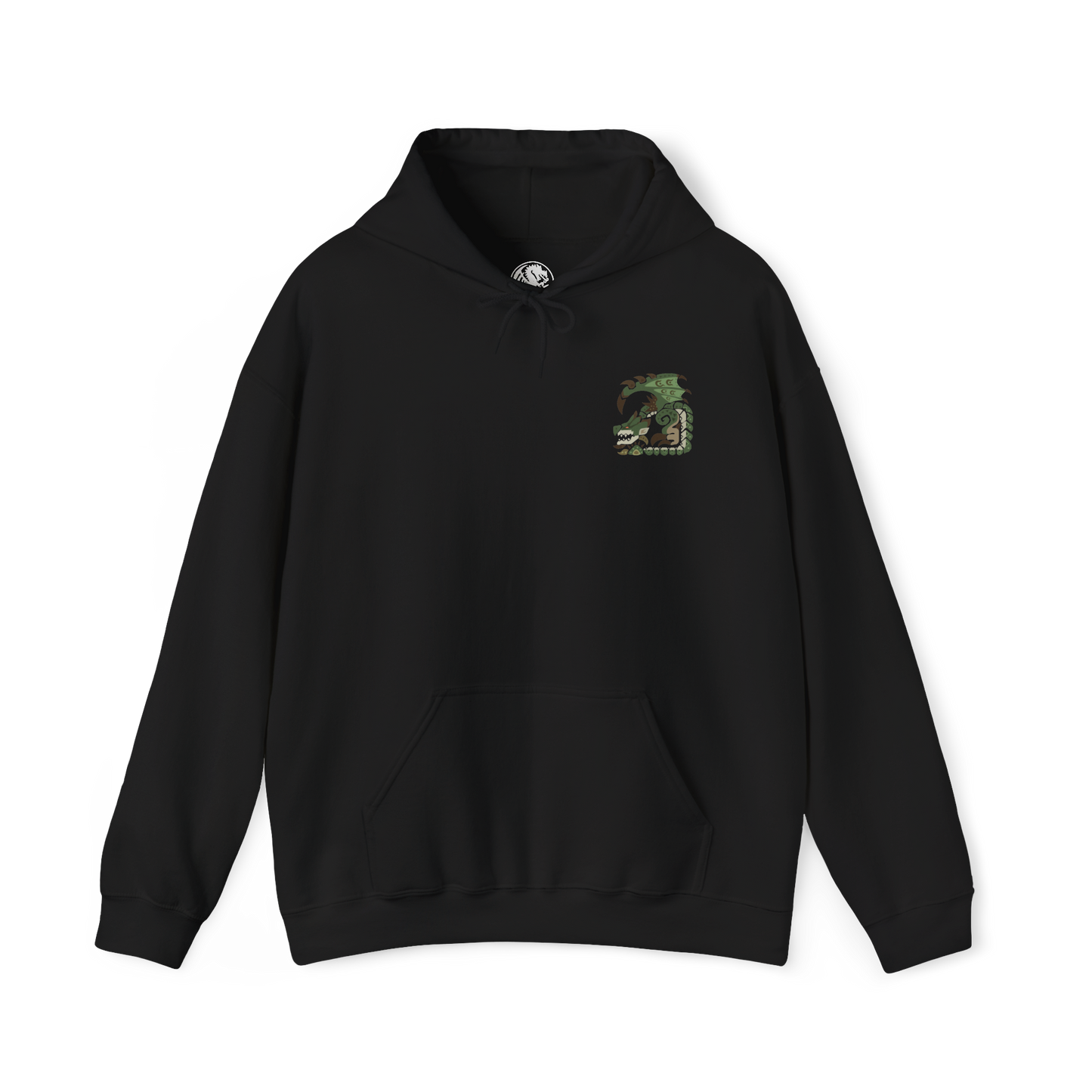 Image 4 of a Hooded Sweatshirt of Rathian perched upon a towering cliff, her green-scaled body surrounded by swirling smoke, flames, and drifting embers. Her wings are partially spread while her poisonous tail hangs ready to strike anything approaching her territory. The composition emphasizes regal dominance, primal aggression, and the unmistakable presence of one of Monster Hunter's most iconic Flying Wyverns.