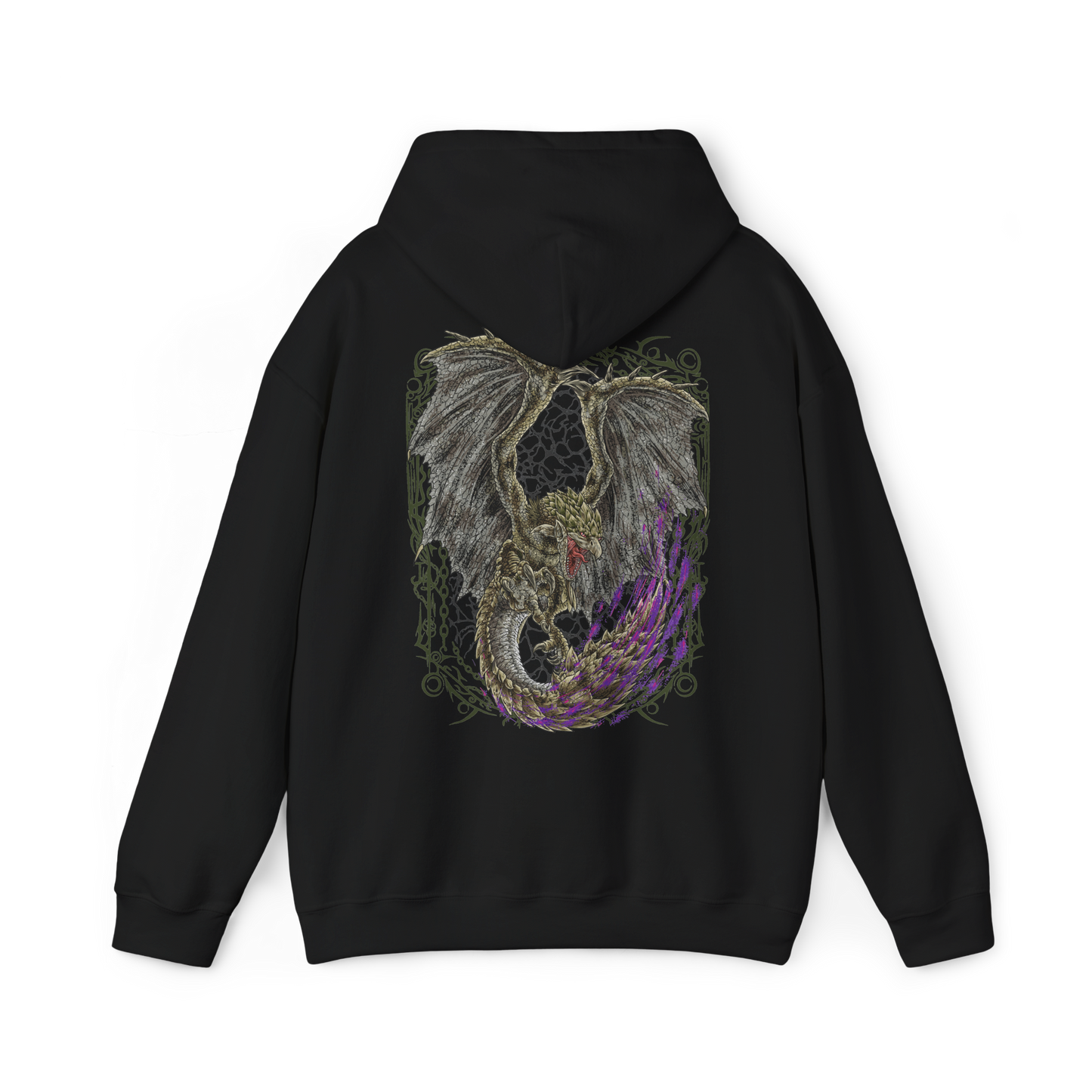 Image 5 of a Hooded Sweatshirt of Rathian perched upon a towering cliff, her green-scaled body surrounded by swirling smoke, flames, and drifting embers. Her wings are partially spread while her poisonous tail hangs ready to strike anything approaching her territory. The composition emphasizes regal dominance, primal aggression, and the unmistakable presence of one of Monster Hunter's most iconic Flying Wyverns.