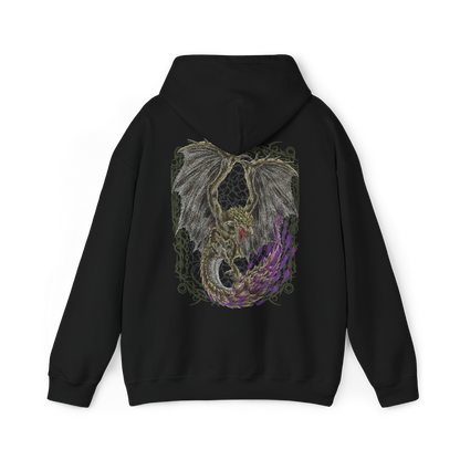 Image 5 of a Hooded Sweatshirt of Rathian perched upon a towering cliff, her green-scaled body surrounded by swirling smoke, flames, and drifting embers. Her wings are partially spread while her poisonous tail hangs ready to strike anything approaching her territory. The composition emphasizes regal dominance, primal aggression, and the unmistakable presence of one of Monster Hunter's most iconic Flying Wyverns.