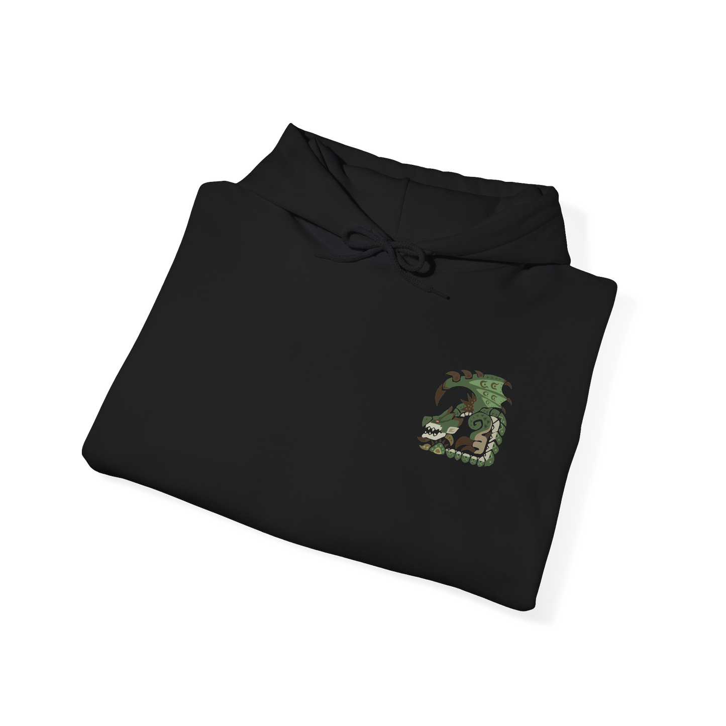 Image 6 of a Hooded Sweatshirt of Rathian perched upon a towering cliff, her green-scaled body surrounded by swirling smoke, flames, and drifting embers. Her wings are partially spread while her poisonous tail hangs ready to strike anything approaching her territory. The composition emphasizes regal dominance, primal aggression, and the unmistakable presence of one of Monster Hunter's most iconic Flying Wyverns.