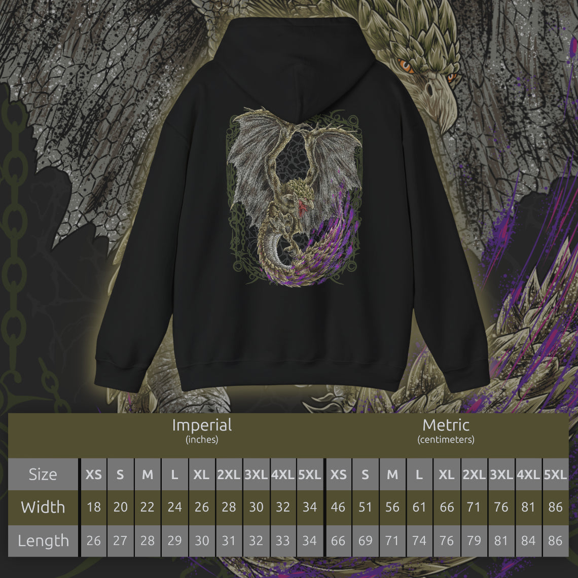 Size chart of a Hooded Sweatshirt of Rathian perched upon a towering cliff, her green-scaled body surrounded by swirling smoke, flames, and drifting embers. Her wings are partially spread while her poisonous tail hangs ready to strike anything approaching her territory. The composition emphasizes regal dominance, primal aggression, and the unmistakable presence of one of Monster Hunter's most iconic Flying Wyverns.