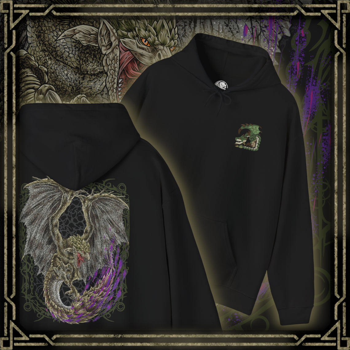 Thumbnail of a Hooded Sweatshirt of Rathian perched upon a towering cliff, her green-scaled body surrounded by swirling smoke, flames, and drifting embers. Her wings are partially spread while her poisonous tail hangs ready to strike anything approaching her territory. The composition emphasizes regal dominance, primal aggression, and the unmistakable presence of one of Monster Hunter's most iconic Flying Wyverns.