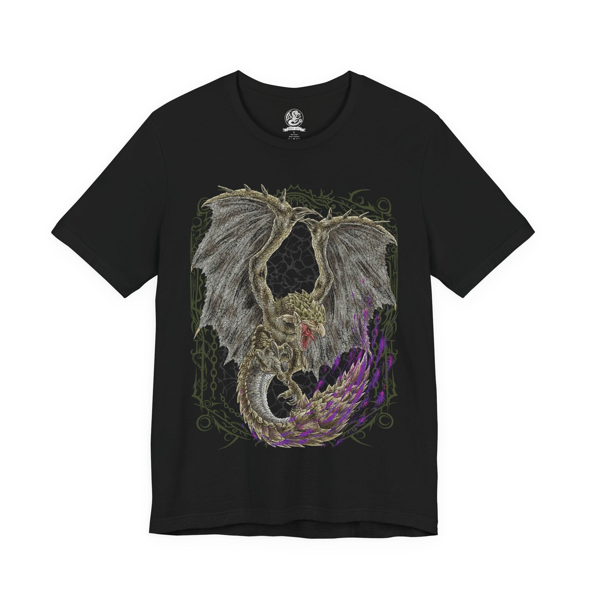 Image 4 of a t-Shirt design of Rathian from Monster Hunter, the Queen of the Land soaring above a rugged wilderness with her emerald scales illuminated beneath a storm-filled sky. Her massive wings spread wide as flames erupt from her jaws and her venomous tail curves menacingly behind her. The design captures Rathian's territorial nature, aerial prowess, and deadly combination of fire and poison.
