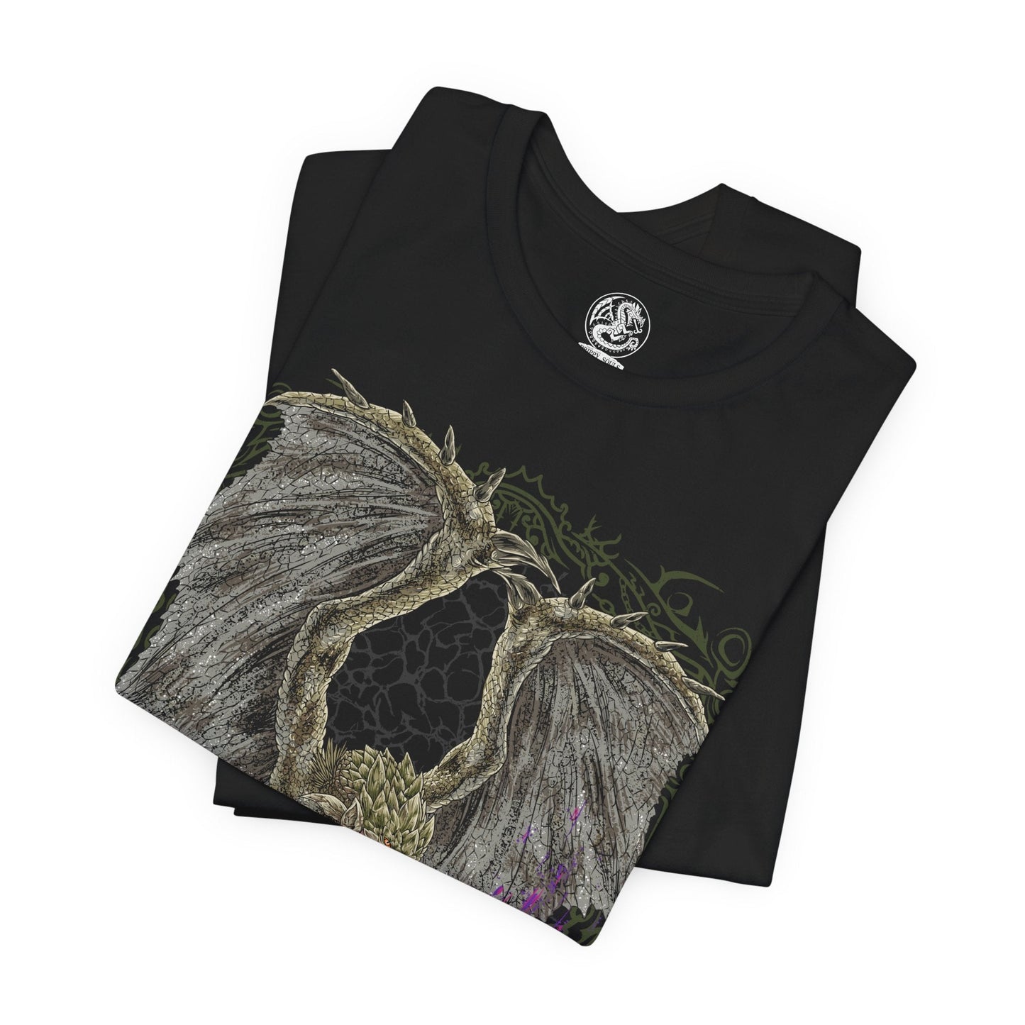 Image 5 of a t-Shirt design of Rathian from Monster Hunter, the Queen of the Land soaring above a rugged wilderness with her emerald scales illuminated beneath a storm-filled sky. Her massive wings spread wide as flames erupt from her jaws and her venomous tail curves menacingly behind her. The design captures Rathian's territorial nature, aerial prowess, and deadly combination of fire and poison.