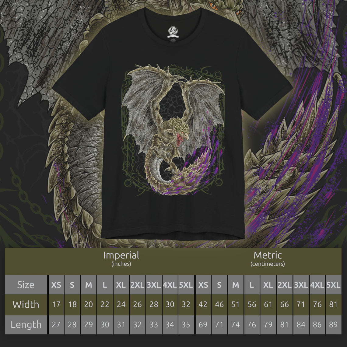Size chart of a t-Shirt design of Rathian from Monster Hunter, the Queen of the Land soaring above a rugged wilderness with her emerald scales illuminated beneath a storm-filled sky. Her massive wings spread wide as flames erupt from her jaws and her venomous tail curves menacingly behind her. The design captures Rathian's territorial nature, aerial prowess, and deadly combination of fire and poison.