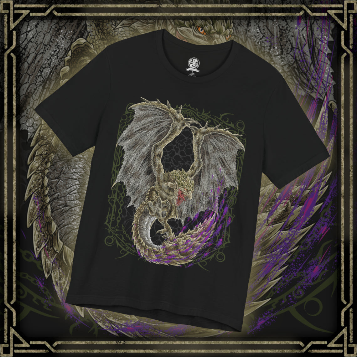 Thumbnail of a t-Shirt design of Rathian from Monster Hunter, the Queen of the Land soaring above a rugged wilderness with her emerald scales illuminated beneath a storm-filled sky. Her massive wings spread wide as flames erupt from her jaws and her venomous tail curves menacingly behind her. The design captures Rathian's territorial nature, aerial prowess, and deadly combination of fire and poison.