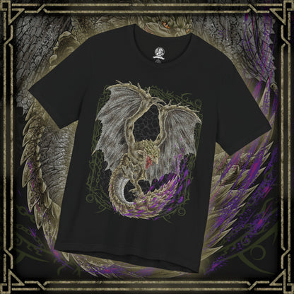 Thumbnail of a t-Shirt design of Rathian from Monster Hunter, the Queen of the Land soaring above a rugged wilderness with her emerald scales illuminated beneath a storm-filled sky. Her massive wings spread wide as flames erupt from her jaws and her venomous tail curves menacingly behind her. The design captures Rathian's territorial nature, aerial prowess, and deadly combination of fire and poison.