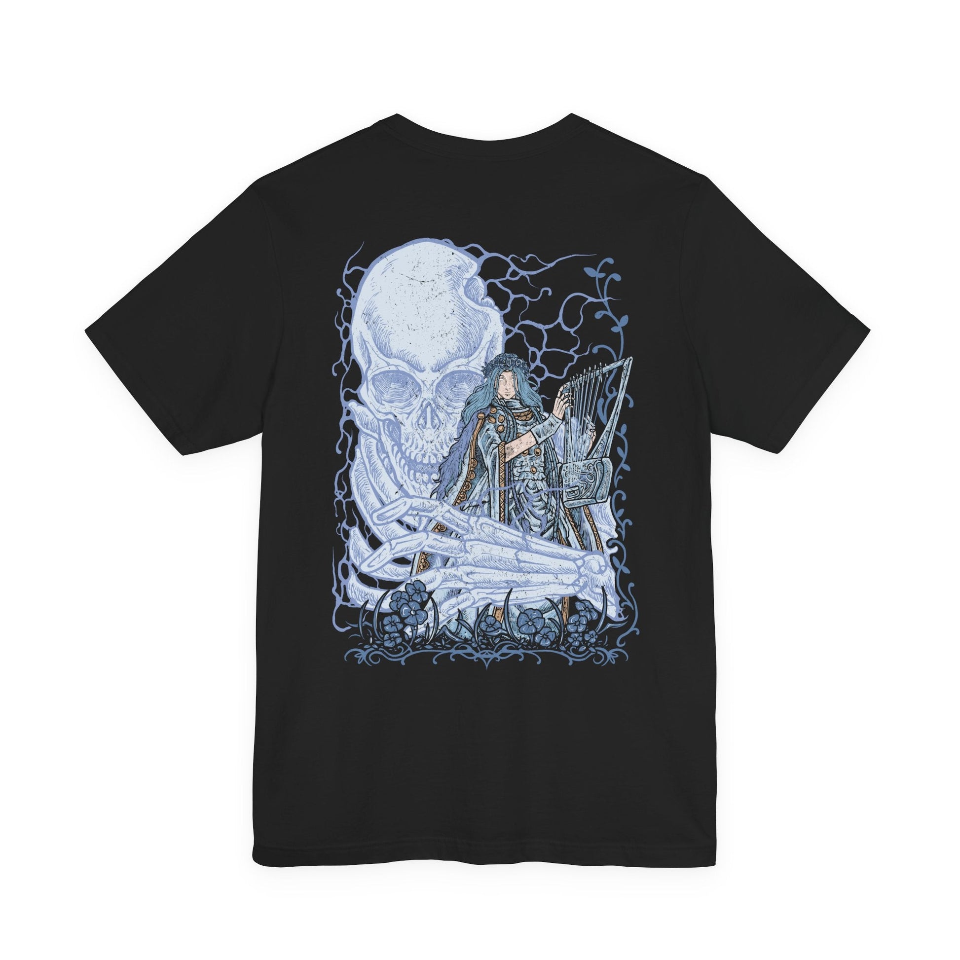 Image 5 of a T-shirt design of Revenant from Elden Ring Nightreign, a cursed noble child whose soul inhabits a fragile doll, accompanied by the massive skeleton Sebastian, emerging through the shadows of Limveld. Her porcelain form contrasts with the skeletal giant at her side, capturing a chilling duo bound by death, silent loyalty, and a relentless pursuit of vengeance.