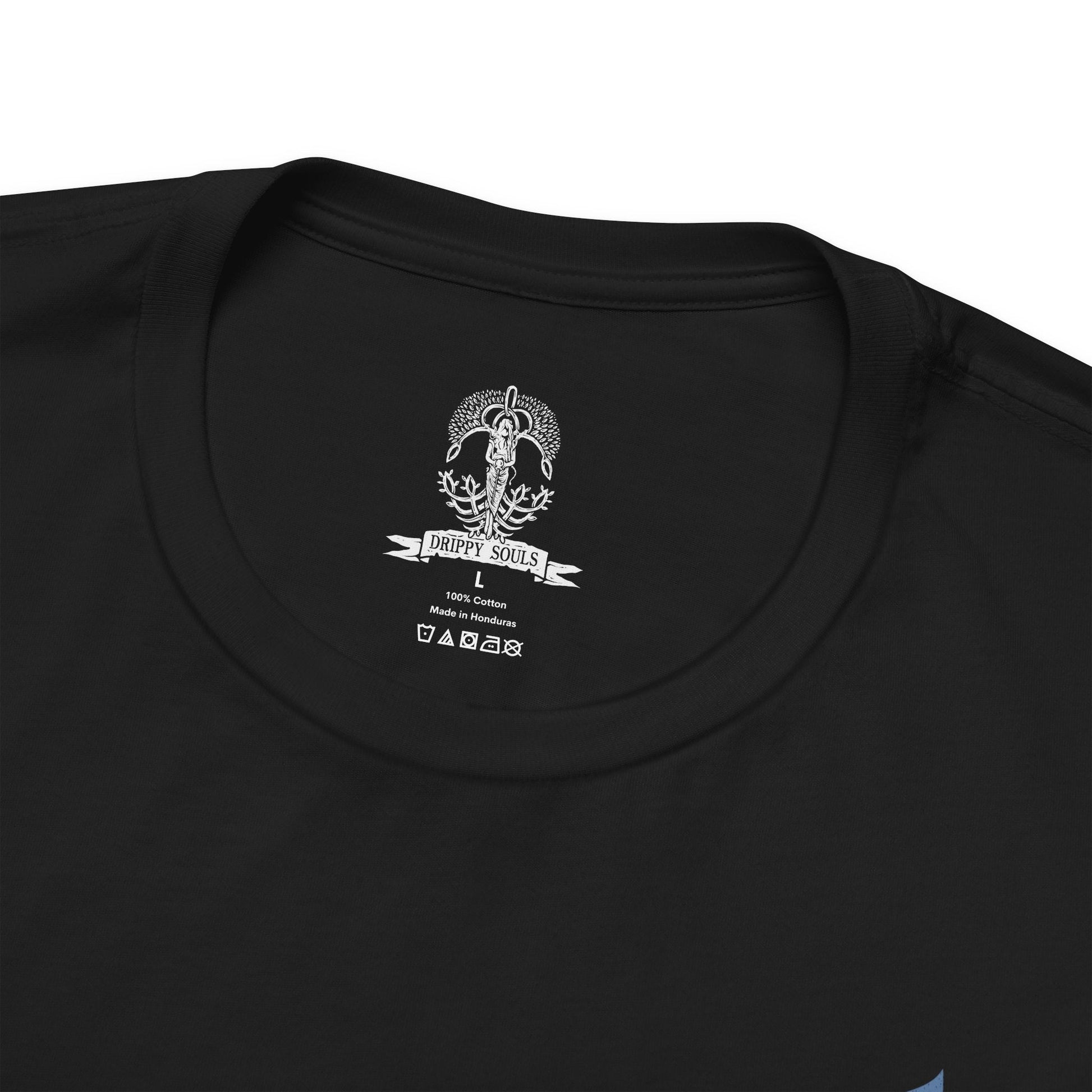 Folded T-shirt design of Revenant from Elden Ring Nightreign, a cursed noble child whose soul inhabits a fragile doll, accompanied by the massive skeleton Sebastian, emerging through the shadows of Limveld. Her porcelain form contrasts with the skeletal giant at her side, capturing a chilling duo bound by death, silent loyalty, and a relentless pursuit of vengeance.