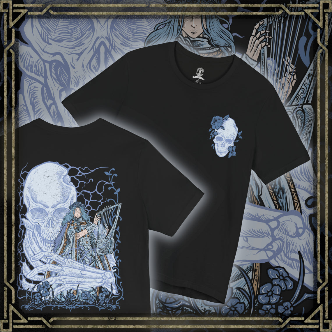 Thumbnail of a T-shirt design of Revenant from Elden Ring Nightreign, a cursed noble child whose soul inhabits a fragile doll, accompanied by the massive skeleton Sebastian, emerging through the shadows of Limveld. Her porcelain form contrasts with the skeletal giant at her side, capturing a chilling duo bound by death, silent loyalty, and a relentless pursuit of vengeance.