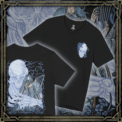 Thumbnail of a T-shirt design of Revenant from Elden Ring Nightreign, a cursed noble child whose soul inhabits a fragile doll, accompanied by the massive skeleton Sebastian, emerging through the shadows of Limveld. Her porcelain form contrasts with the skeletal giant at her side, capturing a chilling duo bound by death, silent loyalty, and a relentless pursuit of vengeance.