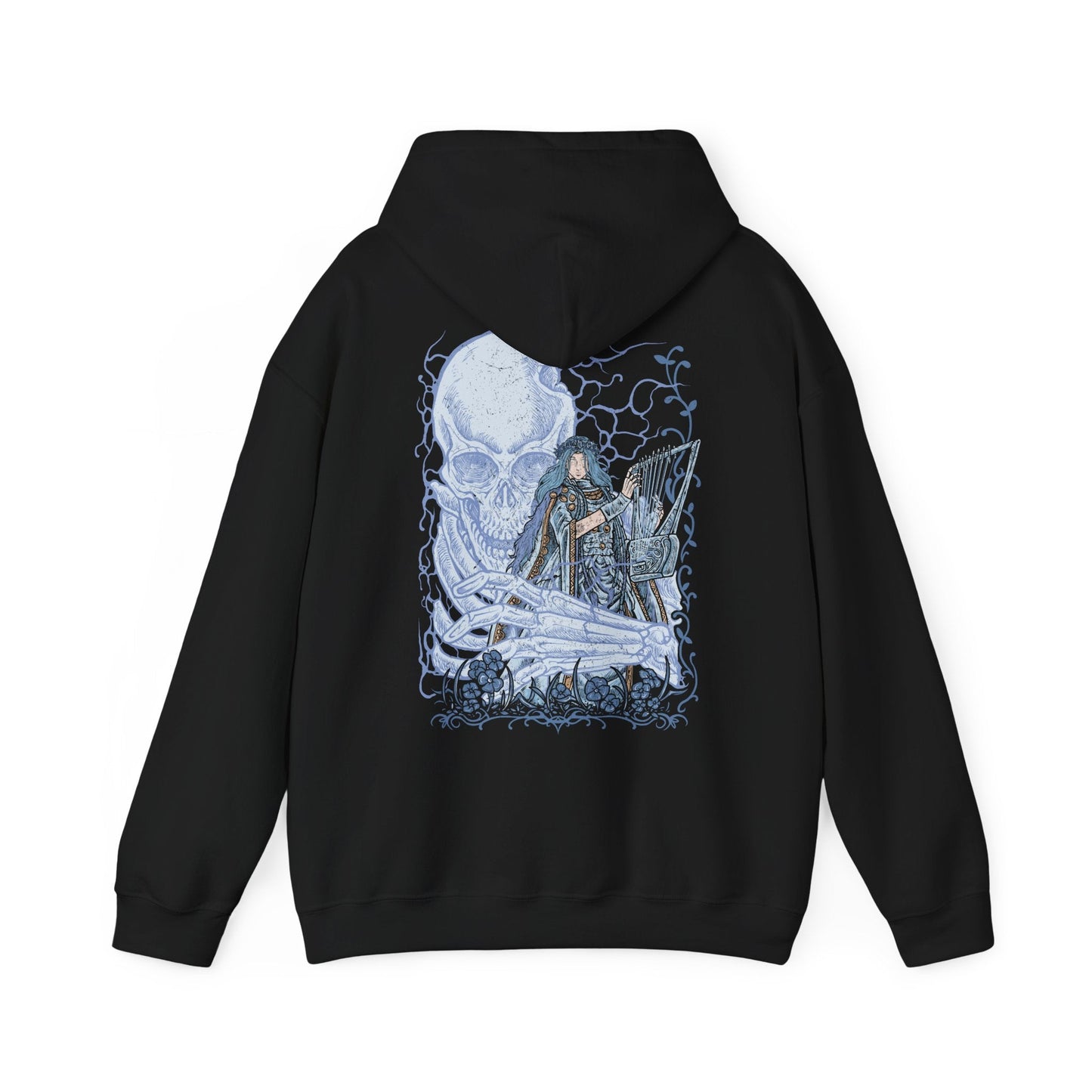 Image 5 of a Hooded Sweatshirt of Revenant from Elden Ring Nightreign, the restless spirit of a disgraced aristocratic daughter inhabiting a doll, standing before the towering skeleton Sebastian in the dark expanse of Limveld. Her small, lifeless body radiates quiet menace while the skeletal guardian rises behind her, capturing an eerie Nightfarer defined by sorrow, wrath, and haunting presence.