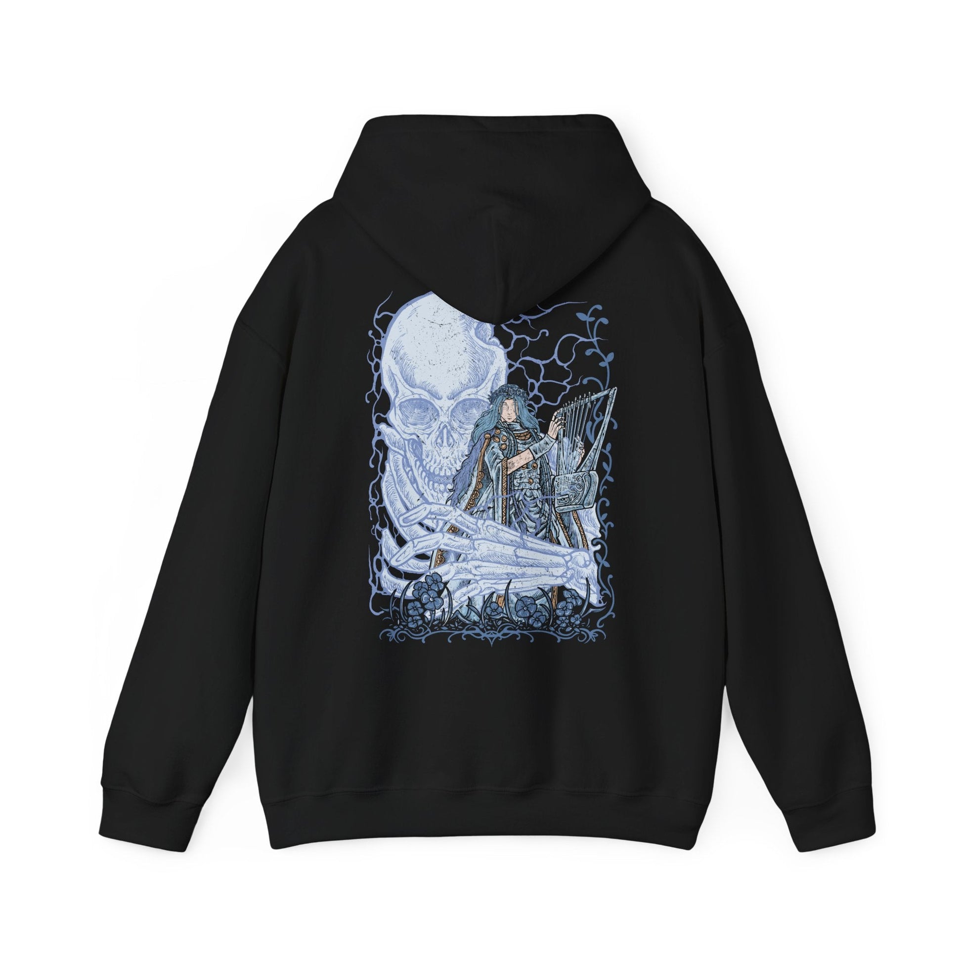 Image 5 of a Hooded Sweatshirt of Revenant from Elden Ring Nightreign, the restless spirit of a disgraced aristocratic daughter inhabiting a doll, standing before the towering skeleton Sebastian in the dark expanse of Limveld. Her small, lifeless body radiates quiet menace while the skeletal guardian rises behind her, capturing an eerie Nightfarer defined by sorrow, wrath, and haunting presence.