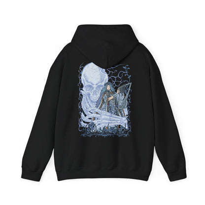 Image 5 of a Hooded Sweatshirt of Revenant from Elden Ring Nightreign, the restless spirit of a disgraced aristocratic daughter inhabiting a doll, standing before the towering skeleton Sebastian in the dark expanse of Limveld. Her small, lifeless body radiates quiet menace while the skeletal guardian rises behind her, capturing an eerie Nightfarer defined by sorrow, wrath, and haunting presence.