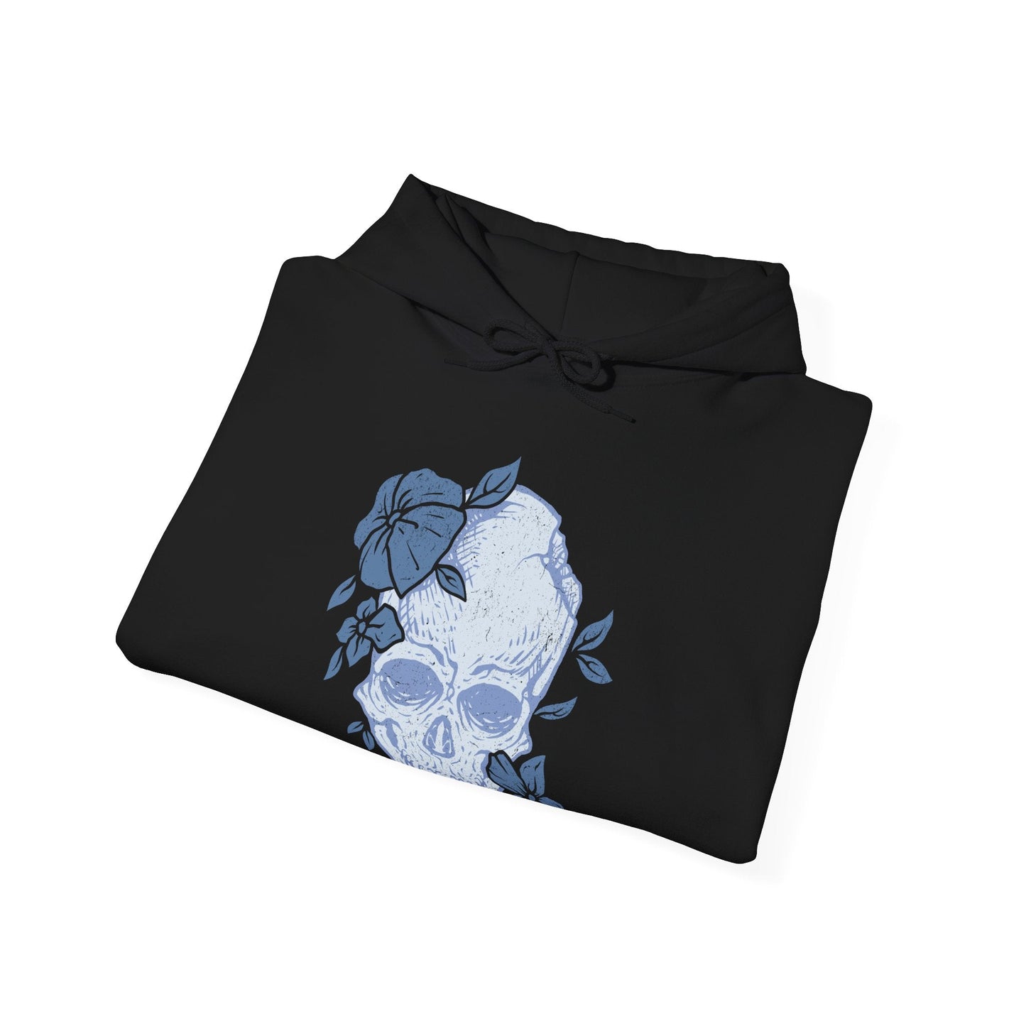 Image 6 of a Hooded Sweatshirt of Revenant from Elden Ring Nightreign, the restless spirit of a disgraced aristocratic daughter inhabiting a doll, standing before the towering skeleton Sebastian in the dark expanse of Limveld. Her small, lifeless body radiates quiet menace while the skeletal guardian rises behind her, capturing an eerie Nightfarer defined by sorrow, wrath, and haunting presence.