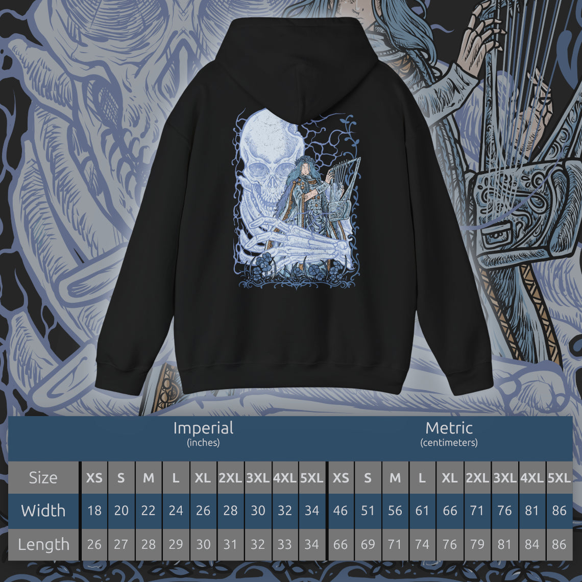 Size chart of a Hooded Sweatshirt of Revenant from Elden Ring Nightreign, the restless spirit of a disgraced aristocratic daughter inhabiting a doll, standing before the towering skeleton Sebastian in the dark expanse of Limveld. Her small, lifeless body radiates quiet menace while the skeletal guardian rises behind her, capturing an eerie Nightfarer defined by sorrow, wrath, and haunting presence.