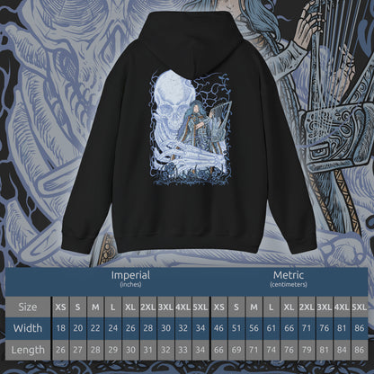 Size chart of a Hooded Sweatshirt of Revenant from Elden Ring Nightreign, the restless spirit of a disgraced aristocratic daughter inhabiting a doll, standing before the towering skeleton Sebastian in the dark expanse of Limveld. Her small, lifeless body radiates quiet menace while the skeletal guardian rises behind her, capturing an eerie Nightfarer defined by sorrow, wrath, and haunting presence.
