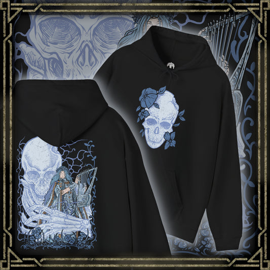 Thumbnail of a Hooded Sweatshirt of Revenant from Elden Ring Nightreign, the restless spirit of a disgraced aristocratic daughter inhabiting a doll, standing before the towering skeleton Sebastian in the dark expanse of Limveld. Her small, lifeless body radiates quiet menace while the skeletal guardian rises behind her, capturing an eerie Nightfarer defined by sorrow, wrath, and haunting presence.