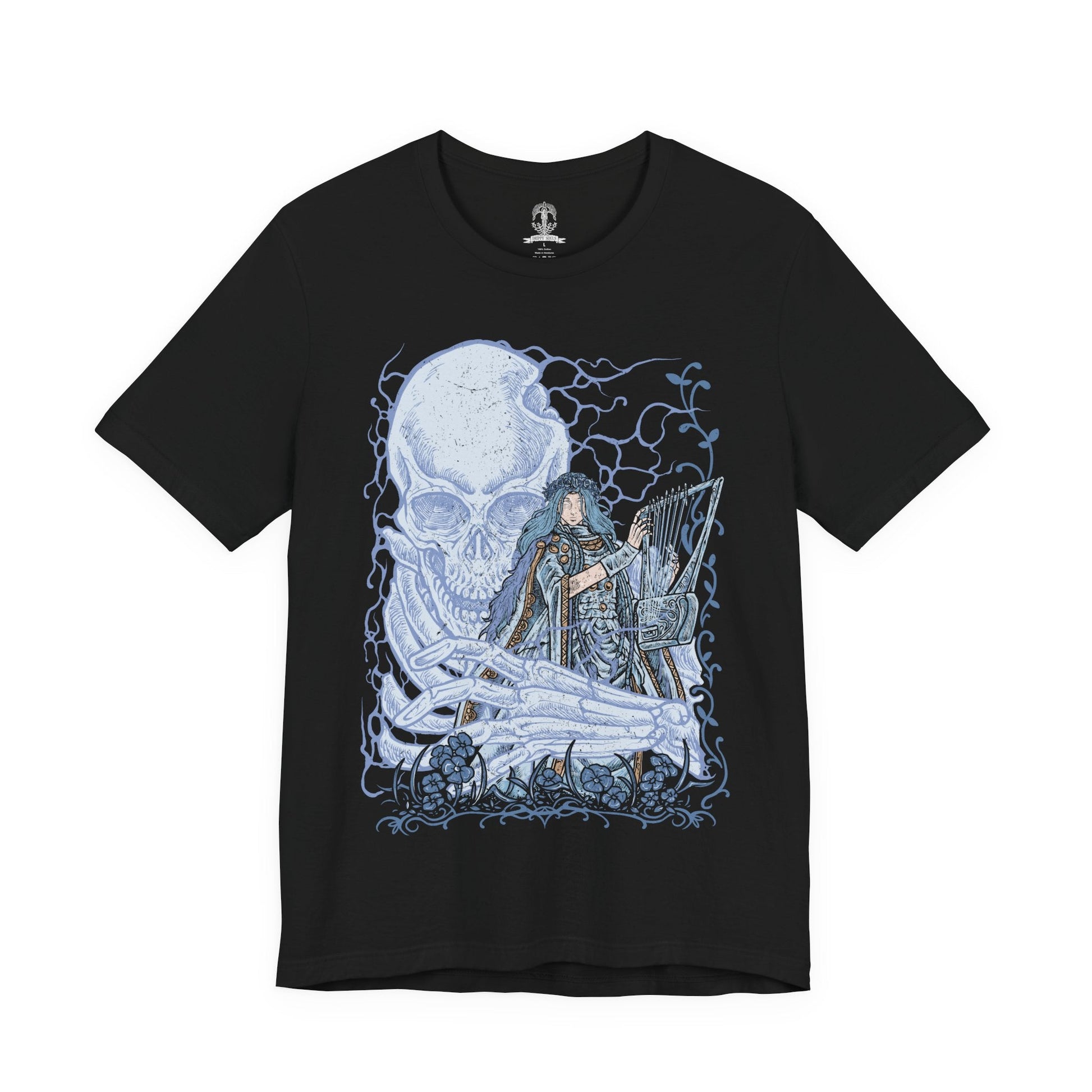 Image 4 of a T-shirt design of Revenant from Elden Ring Nightreign, a vengeful spirit bound to a lifeless doll and the fallen daughter of a ruined aristocratic family, standing beside the giant skeleton Sebastian in Limveld. She clutches her small frame in eerie stillness as the towering skeleton looms protectively behind her, capturing a haunting Nightfarer driven by grief, vengeance, and an unbreakable oath.