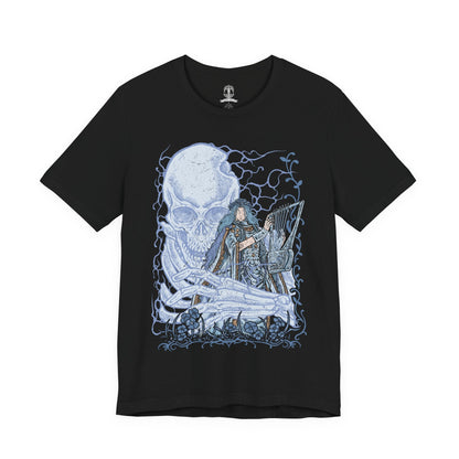 Image 4 of a T-shirt design of Revenant from Elden Ring Nightreign, a vengeful spirit bound to a lifeless doll and the fallen daughter of a ruined aristocratic family, standing beside the giant skeleton Sebastian in Limveld. She clutches her small frame in eerie stillness as the towering skeleton looms protectively behind her, capturing a haunting Nightfarer driven by grief, vengeance, and an unbreakable oath.