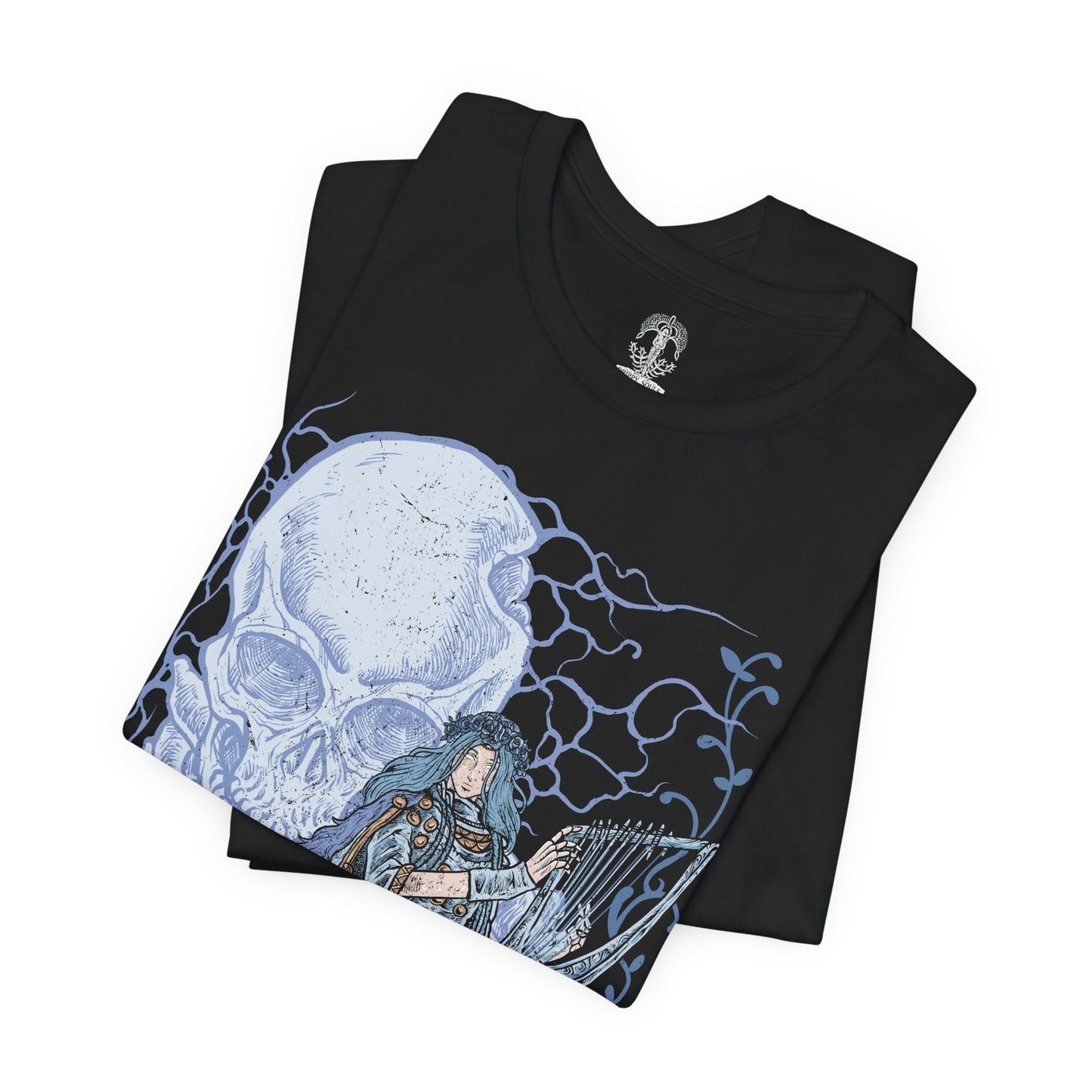 Image 5 of a T-shirt design of Revenant from Elden Ring Nightreign, a vengeful spirit bound to a lifeless doll and the fallen daughter of a ruined aristocratic family, standing beside the giant skeleton Sebastian in Limveld. She clutches her small frame in eerie stillness as the towering skeleton looms protectively behind her, capturing a haunting Nightfarer driven by grief, vengeance, and an unbreakable oath.