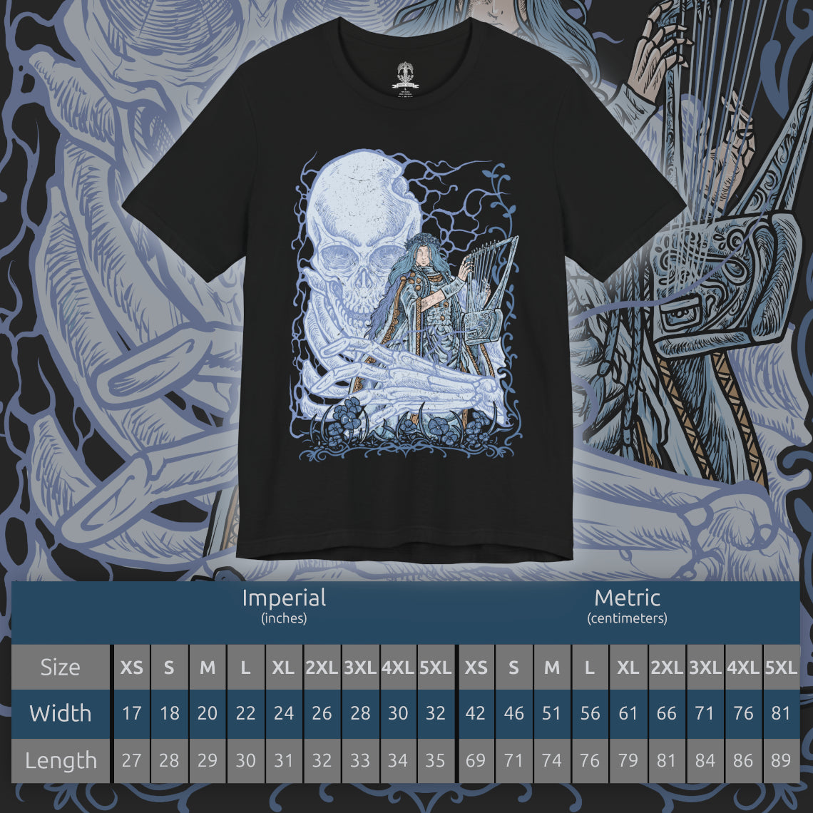 Size chart of a T-shirt design of Revenant from Elden Ring Nightreign, a vengeful spirit bound to a lifeless doll and the fallen daughter of a ruined aristocratic family, standing beside the giant skeleton Sebastian in Limveld. She clutches her small frame in eerie stillness as the towering skeleton looms protectively behind her, capturing a haunting Nightfarer driven by grief, vengeance, and an unbreakable oath.