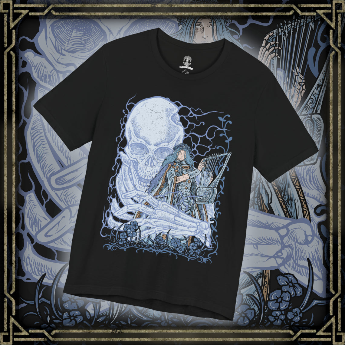 Thumbnail of a T-shirt design of Revenant from Elden Ring Nightreign, a vengeful spirit bound to a lifeless doll and the fallen daughter of a ruined aristocratic family, standing beside the giant skeleton Sebastian in Limveld. She clutches her small frame in eerie stillness as the towering skeleton looms protectively behind her, capturing a haunting Nightfarer driven by grief, vengeance, and an unbreakable oath.
