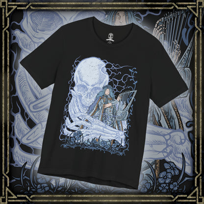 Thumbnail of a T-shirt design of Revenant from Elden Ring Nightreign, a vengeful spirit bound to a lifeless doll and the fallen daughter of a ruined aristocratic family, standing beside the giant skeleton Sebastian in Limveld. She clutches her small frame in eerie stillness as the towering skeleton looms protectively behind her, capturing a haunting Nightfarer driven by grief, vengeance, and an unbreakable oath.