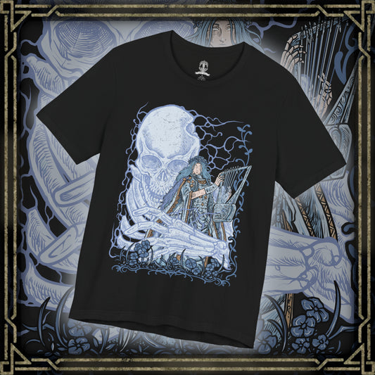 Thumbnail of a T-shirt design of Revenant from Elden Ring Nightreign, a vengeful spirit bound to a lifeless doll and the fallen daughter of a ruined aristocratic family, standing beside the giant skeleton Sebastian in Limveld. She clutches her small frame in eerie stillness as the towering skeleton looms protectively behind her, capturing a haunting Nightfarer driven by grief, vengeance, and an unbreakable oath.