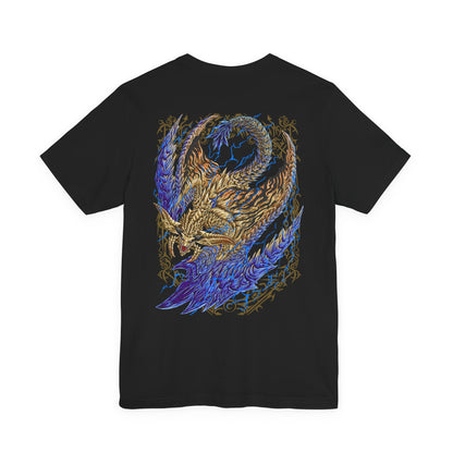 Image 5 of a T-Shirt artwork depicting Rey Dau diving from dark thunderclouds with electrified talons extended, unleashing devastating bolts of golden lightning across the desert below. Dust and shattered rock erupt in every direction as its streamlined body cuts through the storm. This design reflects the wyvern's incredible speed, aerial precision, and overwhelming elemental power that makes every encounter a battle for survival.