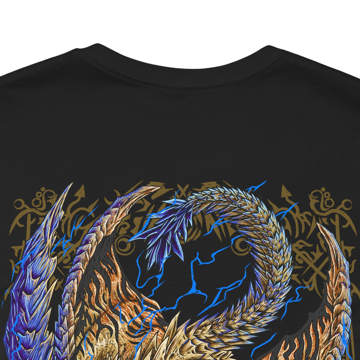 Image 7 of a T-Shirt artwork depicting Rey Dau diving from dark thunderclouds with electrified talons extended, unleashing devastating bolts of golden lightning across the desert below. Dust and shattered rock erupt in every direction as its streamlined body cuts through the storm. This design reflects the wyvern's incredible speed, aerial precision, and overwhelming elemental power that makes every encounter a battle for survival.