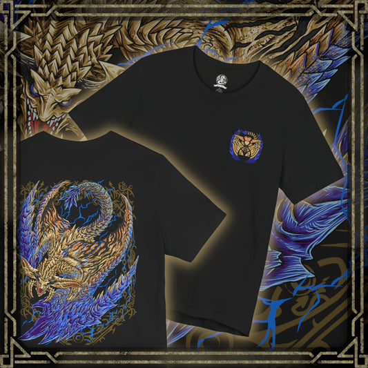 Thumbnail of a T-Shirt artwork depicting Rey Dau diving from dark thunderclouds with electrified talons extended, unleashing devastating bolts of golden lightning across the desert below. Dust and shattered rock erupt in every direction as its streamlined body cuts through the storm. This design reflects the wyvern's incredible speed, aerial precision, and overwhelming elemental power that makes every encounter a battle for survival.